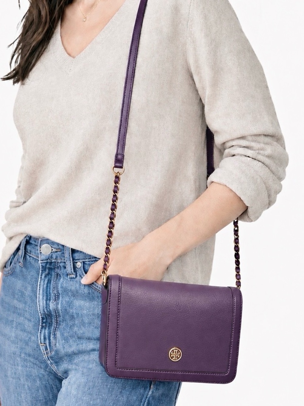 TORY BURCH Pebble Leather Landon Crossbody Purple Eggplant Plum, LIKE NEW!